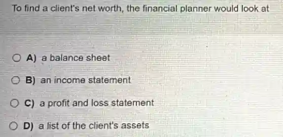 To find a client's net worth, the financial planner would look at
A) a balance sheet
B) an income statement
C) a profit and loss statement
D) a list of the client's assets