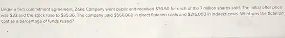 Under a firm commitment agreement, Zeke Company went public and received 30.50 for each of the 7 million shares sold. The initial offer price
was 33 and the stock rose to 35.36 The company paid 560,000 in direct flotation costs and 215,000 in indirect costs. What was the flotation
cost as a percentage of funds raised?
