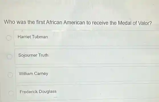 Who was the first African American to receive the Medal of Valor?
Harriet Tubman
Sojourner Truth
William Carney
Frederick Douglass