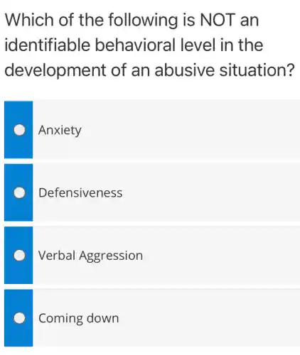 Which of the following is NOT an
identifiable behavioral I level in the
development of an abusive situation?
Anxiety
Defensiveness
Verbal Aggression
Coming down