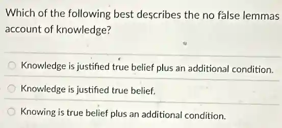 Which of the following best describes the no false lemmas
account of knowledge?
Knowledge is justified true belief plus an additional condition.
Knowledge is justified true belief.
Knowing is true belief plus an additional condition.