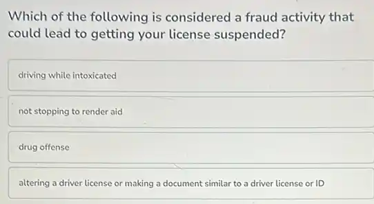 Which of the following is considered a fraud activity that
could lead to getting your license suspended?
driving while intoxicated
not stopping to render aid
drug offense
altering a driver license or making a document similar to a driver license or ID