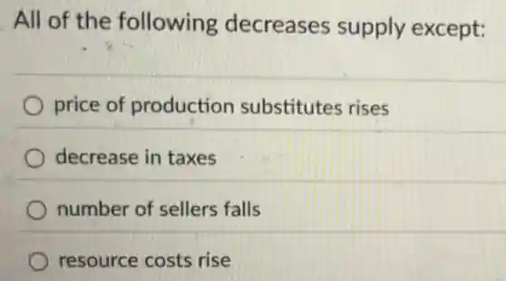 All of the following decreases supply except:
price of production substitutes rises
decrease in taxes
number of sellers falls
resource costs rise