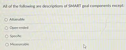 All of the following are descriptions of SMART goal components except:
Attainable
Open-ended
Specific
Measureable
