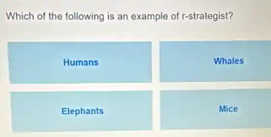 Which of the following is an example of r-strategist?
Humans & Whales
Elephants & Mice