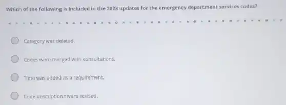 Which of the following is included in the 2023 updates for the emergency department services codes?
Category was deleted.
Codes were merged with consultations.
Time was added as a requirement.
Code descriptions were revised.