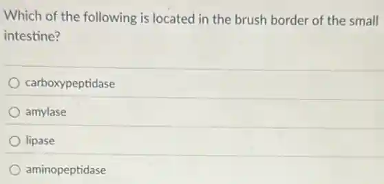 Which of the following is located in the brush border of the small
intestine?
carboxypeptidase
amylase
lipase
aminopeptidase