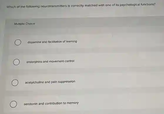 Which of the following neurotransmitters is correctly matched with one of its psychologica functions?
Multiple Choice
dopamine and facilitation of learning
endorphins and movement control
acetylcholine and pain suppression
serotonin and contribution to memory