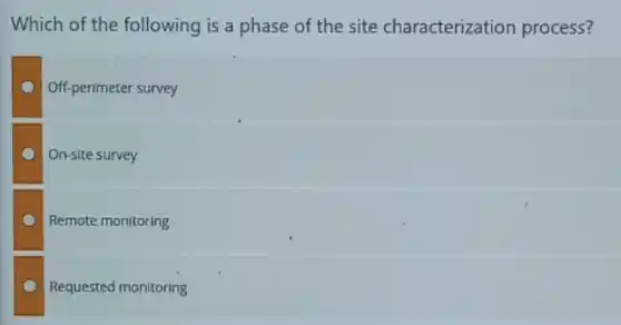 Which of the following is a phase of the site characterization process?
Off-perimeter survey
On-site survey
Remote monitoring
Requested monitoring