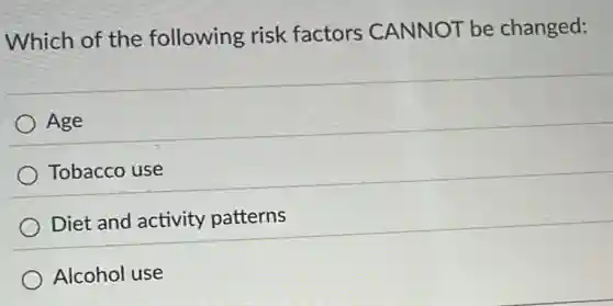 Which of the following risk factors CANNOT be changed:
) Age
Tobacco use
Diet and activity patterns
Alcohol use