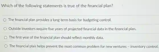 Which of the following statements is true of the financial plan?
The financial plan provides a long-term basis for budgeting control.
Outside investors require five years of projected financial data in the financial plan.
The first year of the financial plan should reflect monthly data.
The financial plan helps prevent the most common problem for new ventures - inventory control.