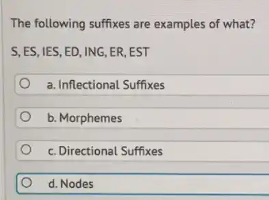 The following suffixes are examples of what?
S, ES, IES, ED., ING, ER, EST
a. Inflectional Suffixes
b. Morphemes
c. Directional Suffixes
d. Nodes