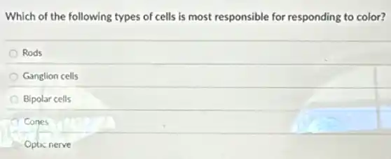 Which of the following types of cells is most responsible for responding to color?
Rods
Ganglion cells
Bipolar cells
Cones
Optic nerve