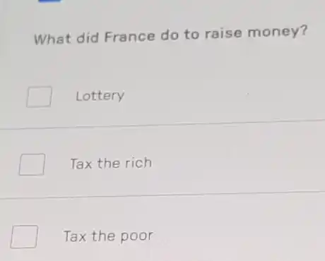 What did France do to raise money?
Lottery
Tax the rich
Tax the poor
