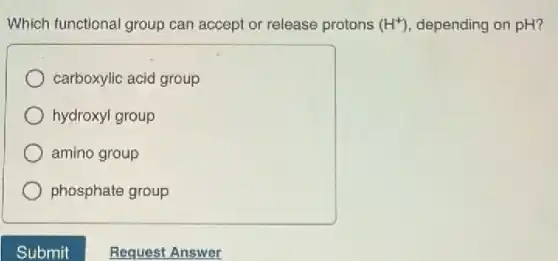 Which functional group can accept or release protons (H^+) depending on pH?
carboxylic acid group
hydroxyl group
amino group
phosphate group