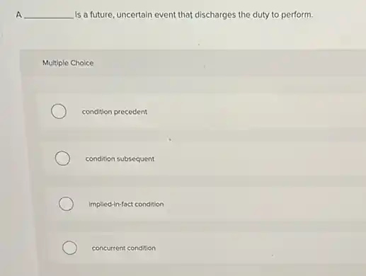 A __ is a future, uncertain event that discharges the duty to perform.
Multiple Choice
condition precedent
condition subsequent
implied-In-fact condition
concurrent condition
