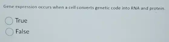 Gene expression occurs when a cell converts genetic code into RNA and protein.
True
False