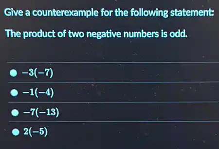Give a counterexample for the following statement:
The product of two negative numbers is odd.
-3(-7)
-1(-4)
-7(-13)
2(-5)