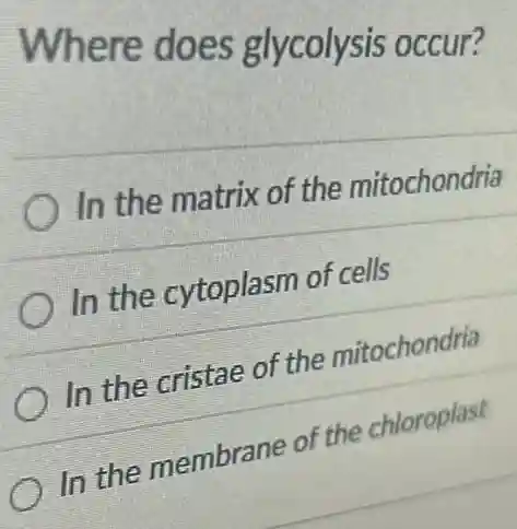 Where does glycolysis occur?
In the matrix of the mitochondria
In the cytoplasm of cells
In the cristae of the mitochondria
In the membrane of the chloroplast