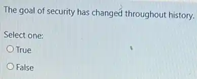 The goal of security has changed throughout history.
Select one:
True
False