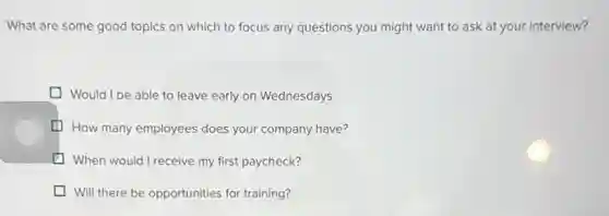 What are some good topics on which to focus any questions you might want to ask at your interview?
Would I be able to leave early on Wednesdays
How many employees dogs your company have?
When would I receive my first paycheck?
Will there be opportunities for training?