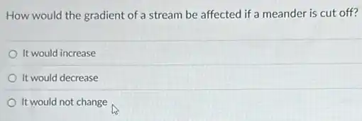 How would the gradient of a stream be affected if a meander is cut off?
It would increase
It would decrease
It would not change