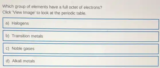 Which group of elements have a full octet of electrons?
Click View Image' to look at the periodic table.
a) Halogens
b) Transition metals
c) Noble gases
d) Alkali metals