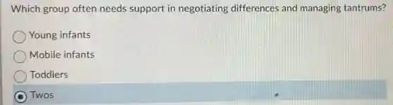 Which group often needs support in negotiating differences and managing tantrums?
Young infants
Mobile infants
Toddlers
D Twos