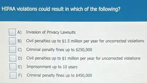 HIPAA violations could result in which of the following?
A) Invasion of Privacy Lawsuits
B) Civil penalties up to 1.5 million per year for uncorrected violations
C) Criminal penalty fines up to 250,000
D) Civil penalties up to 1 million per year for uncorrected violations
E) Imprisonment up to 10 years
F) Criminal penalty fines up to 450,000