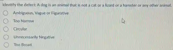 Identify the defect: A dog is an animal that is not a cat or a lizard or a hamster or any other animal.
Ambiguous, Vague or Figurative
Too Narrow
Circular
Unnecessarily Negative
Too Broad