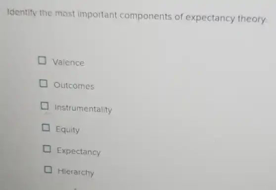 Identify the most important components of expectancy theory.
Valence
Outcomes
Instrumentality
Equity
Expectancy
Hierarchy