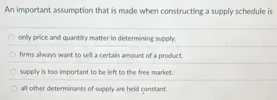 An important assumption that is made when constructing a supply schedule is
only price and quantity matter in determining supply.
firms always want to sell a certain amount of a product.
supply is too important to be left to the free market.
all other determinants of supply are held constant.