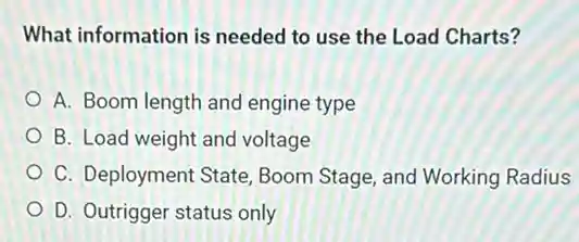 What information is needed to use the Load Charts?
A. Boom length and engine type
B. Load weight and voltage
C. Deployment State ,Boom Stage, and Working Radius
D. Outrigger status only