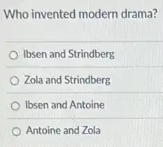 Who invented modern drama?
Ibsen and Strindberg
Zola and Strindberg
Ibsen and Antoine
Antoine and Zola