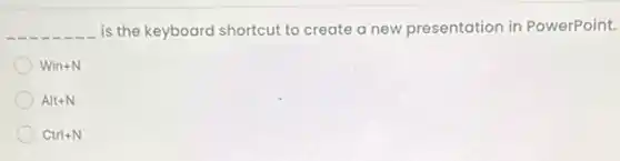 __ is the keyboard shortcut to create a new presentation in PowerPoint.
Win+N
Alt+N
Ctrl+N