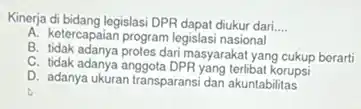 Kinerja di bidang legislasi DPR dapat diukur dari. __
A. ketercapaian program legislasi nasional
B. tidak adanya protes dari masyarakat yang cukup berarti
C. tidak adanya anggota DPR yang terlibat korupsi
D. adanya ukuran transparansi dan akuntabilitas