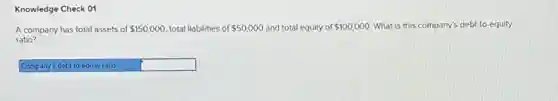 Knowledge Check 01
A company has total assets of 150,000 total liabilities of 50,000 and total equity of 100,000 What is this company's debt-to-equity
ratio?
Company's debt-to-equity ratio square