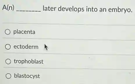 A(n) __ later develops into an embryo.
placenta
ectoderm
trophoblast
blastocyst