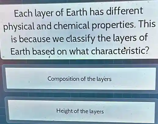 Each layer of Earth has different
physical and chemical properties.This
is because we classify the layers of
Earth based on what charactéristic?
Composition of the layers
Height of the layers