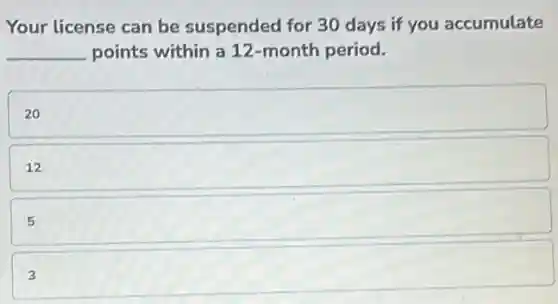 Your license can be suspended for 30 days if you accumulate
__ points within a 12 -month period.
20
12
5
3