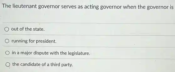 The lieutenant governor serves as acting governor when the governor is
out of the state.
running for president.
in a major dispute with the legislature.
the candidate of a third party.