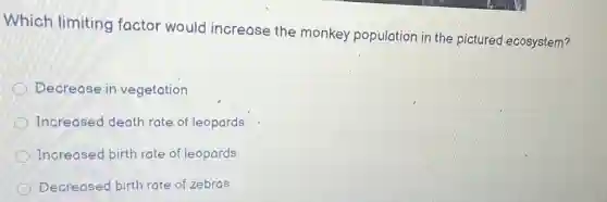 Which limiting factor would increase the monkey population in the pictured ecosystem?
Decrease in vegetation
Increased death rate of leopards
Increased birth rate of leopards
Decreased birth rate of zebras