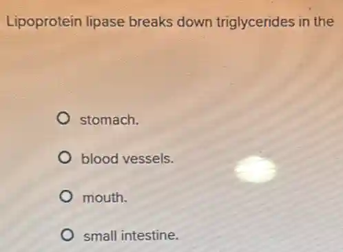 Lipoprotein lipase breaks down triglycerides in the
stomach.
blood vessels.
mouth.
small intestine.