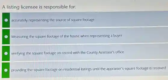 A listing licensee is responsible for:
accurately representing the source of square footage
Measuring the square footage of the house when representing a buyer
verifying the square footage on record with the County Assessor's office
providing the square footage on residential listings until the appraiser's square footage is received