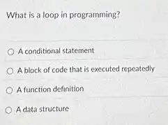 What is a loop in programming?
A conditional statement
A block of code that is executed repeatedly
A function definition
A data structure