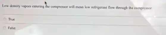 Low density vapors entering The compressor will mean low refrigerant flow through the compressor.
True
False