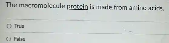 The macromolecule protein is made from amino acids.
True
False