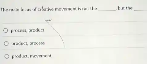 The main focus of creative movement is not the __ , but the __
process, product
product, process
product, movement
