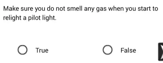 Make sure you do not smell any gas when you start to
relight a pilot light.
True
False