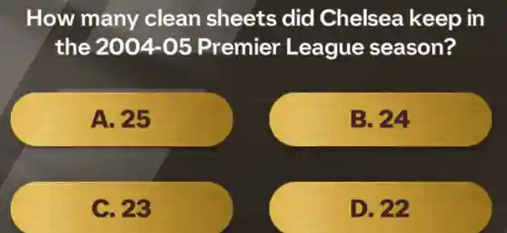 How many clean sheets did Chelsea keep in
the 2004-05 Premier League season?
A. 25
B. 24
C. 23
D. 22